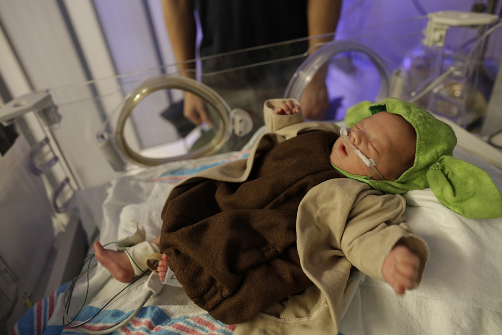 A newborn baby in a Yoda costume.