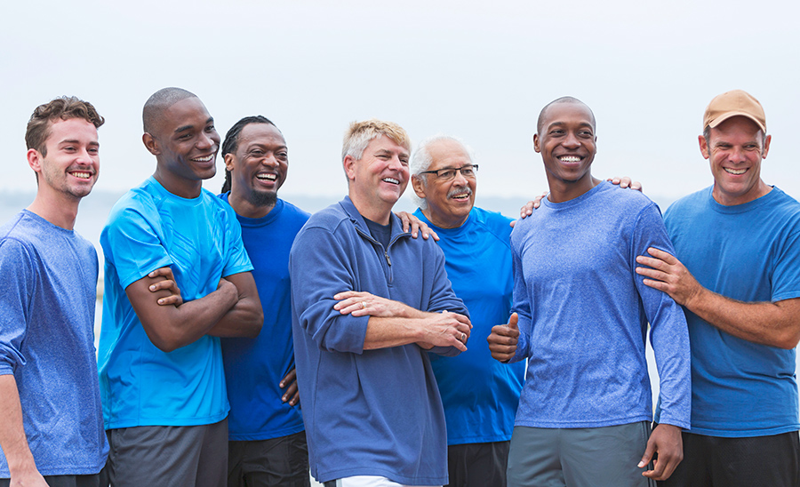 Group of men all dressed in blue